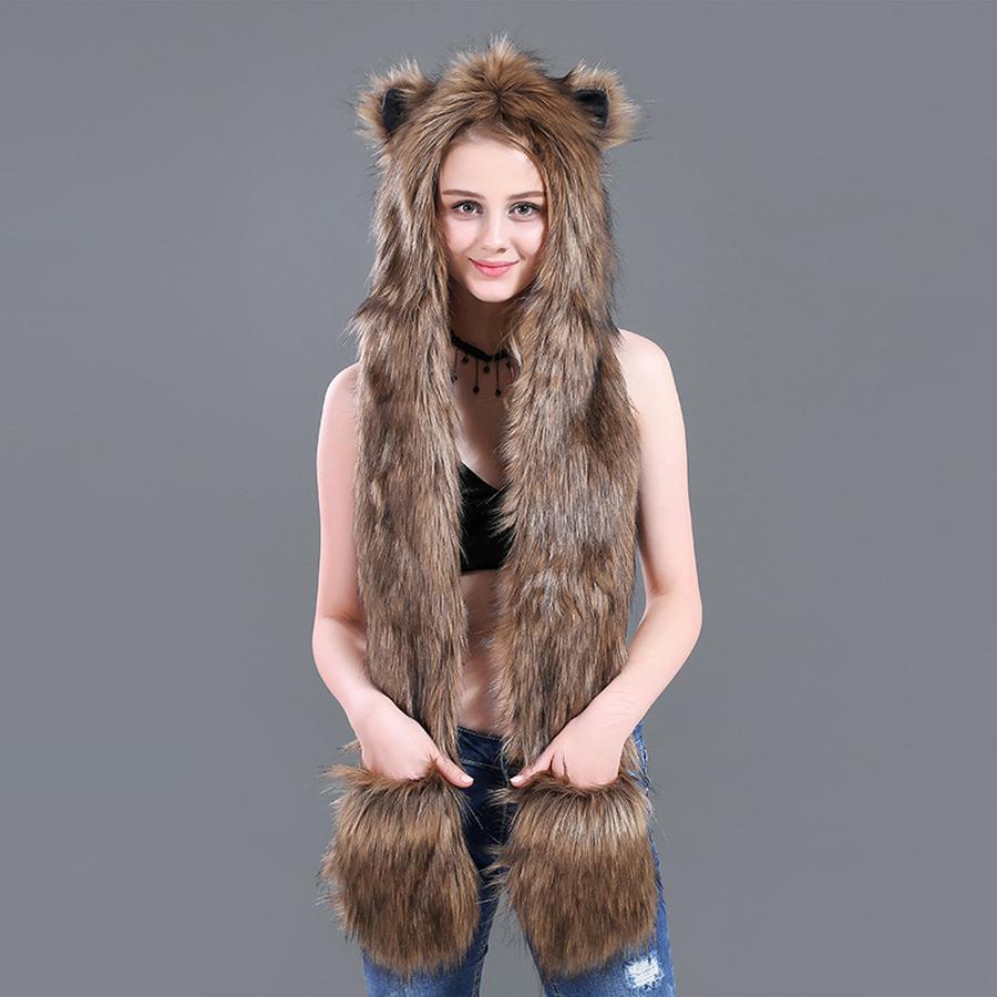Cartoon Plush Hat Scarf Glove Set - Cute Faux Fur Cap