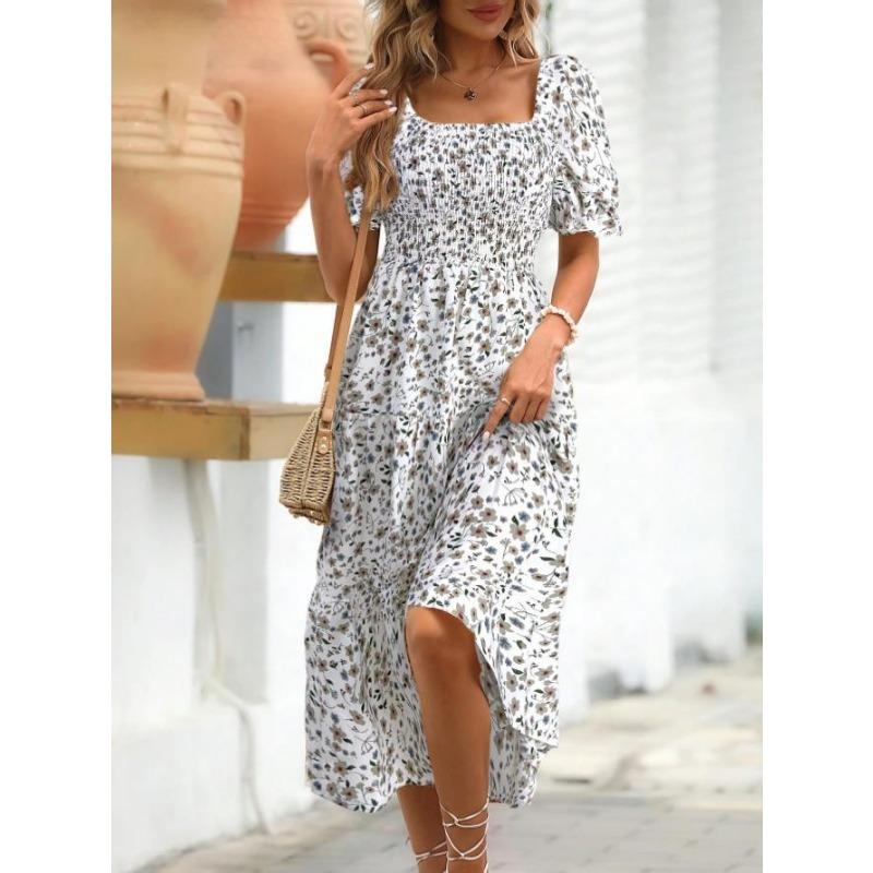 Women's Printed Square Neck Waisted Bubble Sleeve Layered Dresses