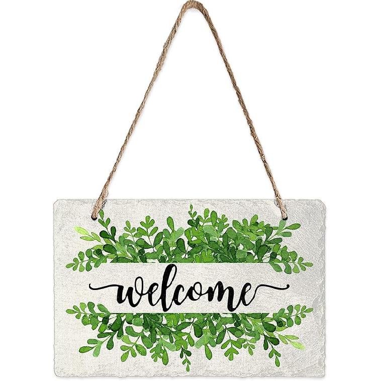 

Summer Welcome Wall Hanging Sign- Welcome Watercolor Leaves Slate Hanging Plaques for Front Door Porch Window Farmhouse Garden 5.1 x 7.9 Wall Home 8 x 5
