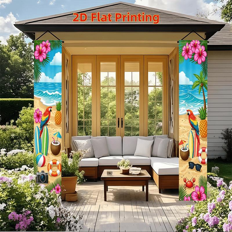 2D Flat - 2D Flat - 2D Flat 2 Sheets Summer Seaside Party Porch Banner Beach Volleyball Parrot Coconut Design Flag Suitable for Summer Party Decoratio
