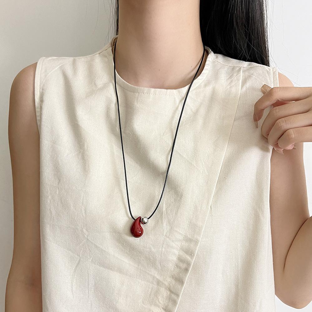 LATS Korean Simple Red Drop Pendant Necklace for Women Exquisite Sweater Chain Jewelry Accessories