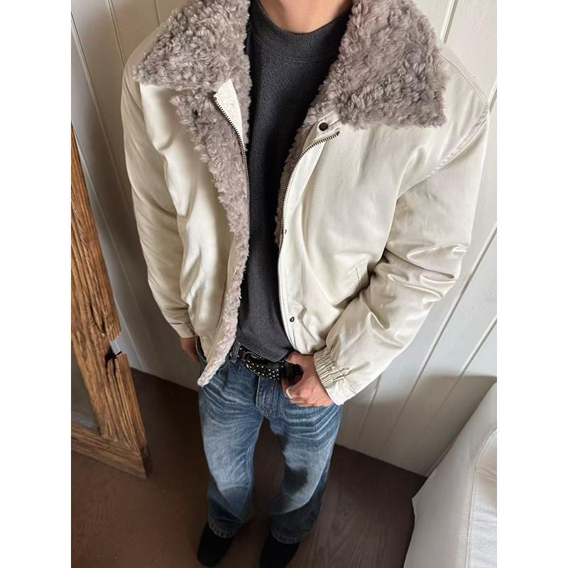 EME Yisheng Yi Men's American Style Winter Bomber Jacket with Fur Collar and Patchwork Design