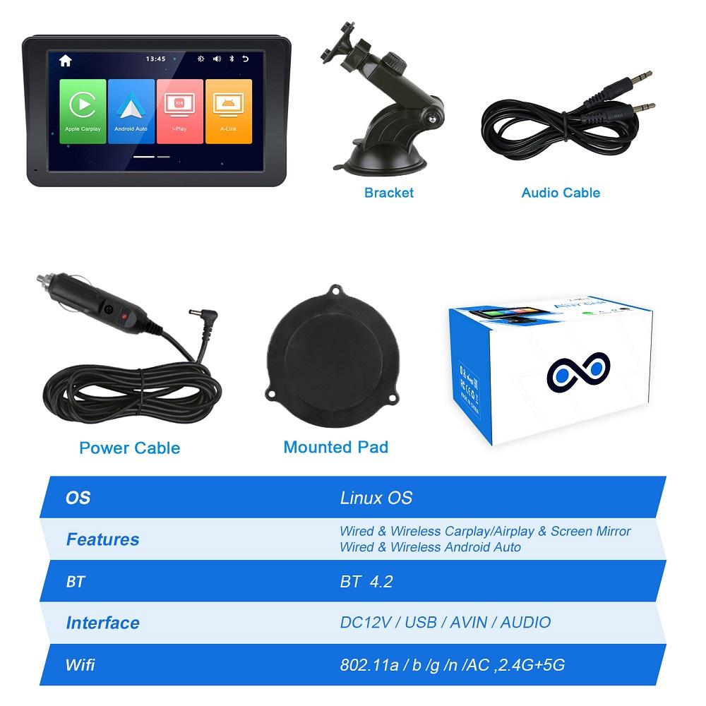 

Универсальный 7-дюймовый автомобильный радиоприемник, мультимедийный видеоплеер, беспроводной Apple Carplay и беспроводной сенсорный экран Android Auto чёрный