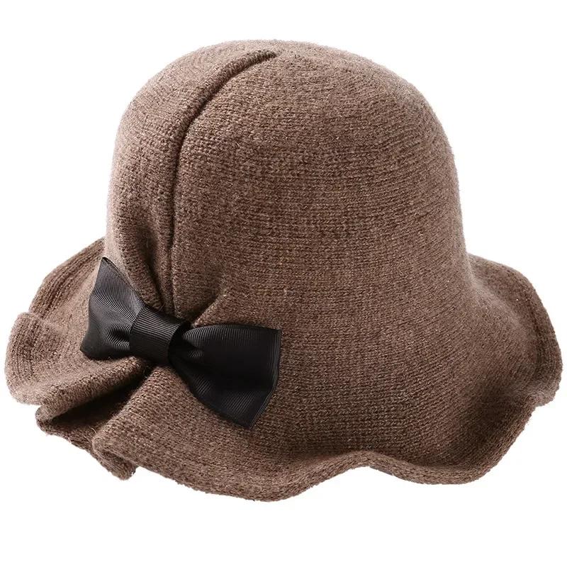 Autumn Winter Fedoras Women Hat Elegant Vintage Bowknot Wool Ladies Hat Dome Felt Wedding Church Jazz Cap Female Bow Bowler