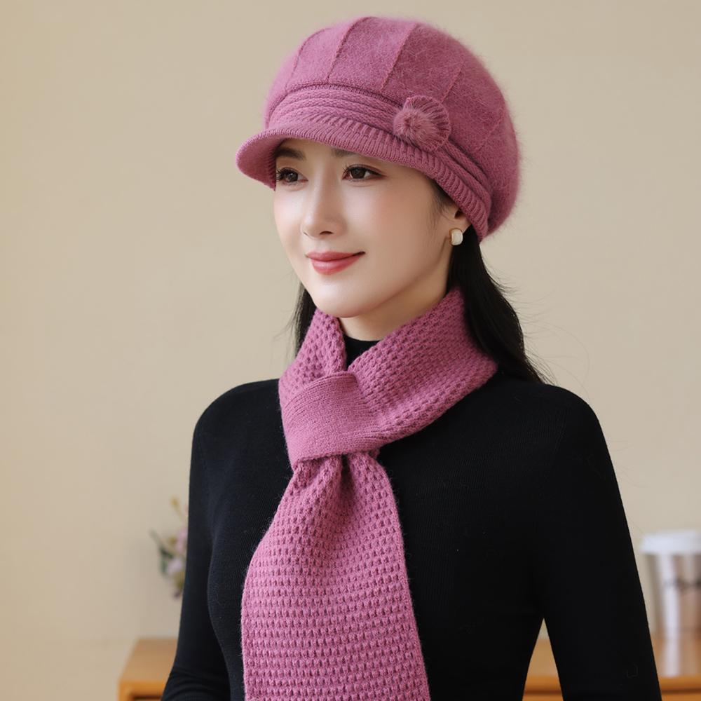 New Women Fashion Winter Warm Suit Female Dandy Hats For Women Casual Rabbit Fur Blend Knit Hat Winter Warm Cap Set