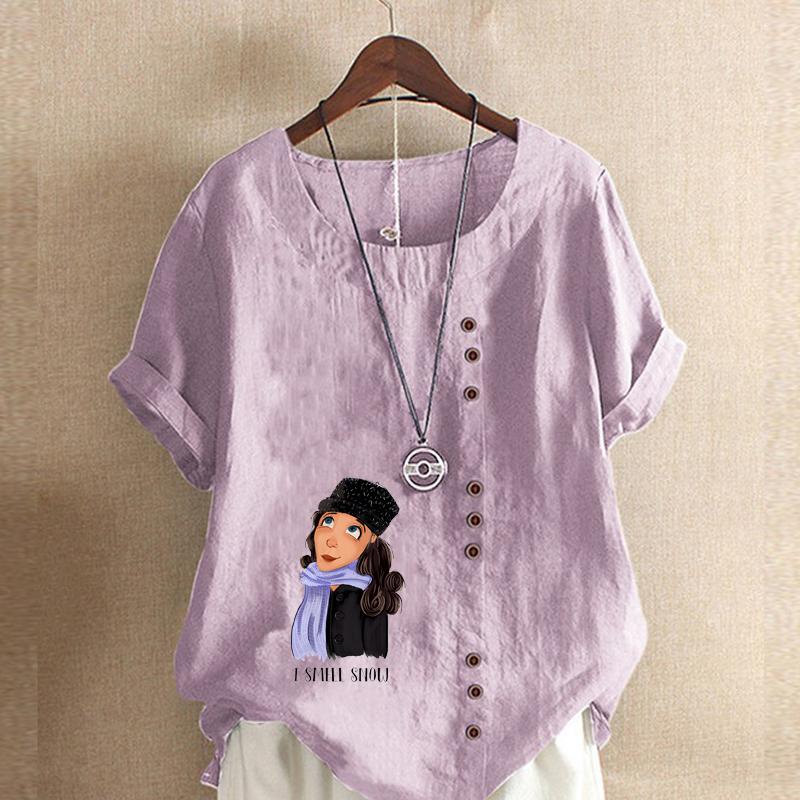 Damen Neue Mode Leinenhemd Rundhalsausschnitt Kurzer Ärmel Schal Mädchen Bedrucktes T-Shirt Sommer Damen Freizeit Große Größen Blusen Oberteile