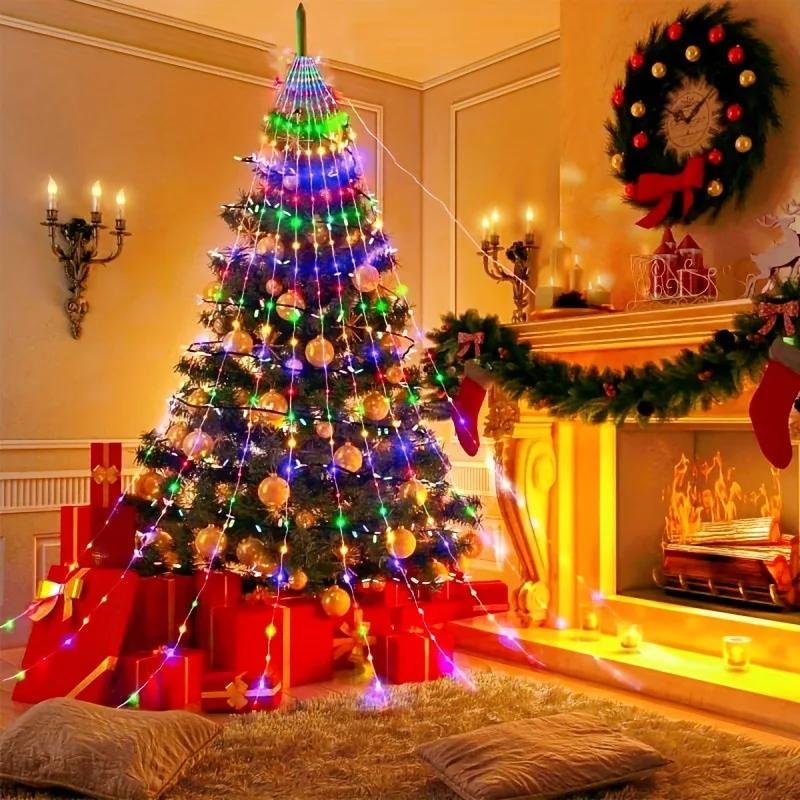 200/280LED Star Waterfall Light Outdoor Fairy String Light Christmas Tree Circular Top Light for Home Navidad Natal New Year2026