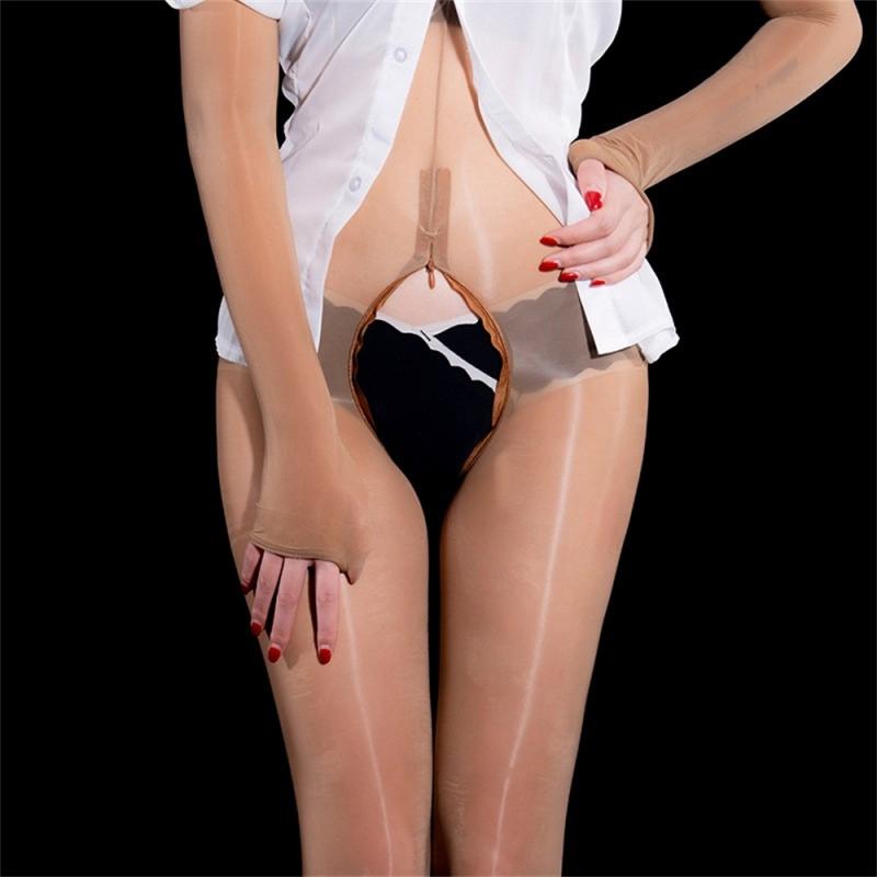Zipper Open Crotch Tights 8D Oil Shiny Long Sleeve Full Body Stockings Female Erotic Thin Transparent Nightwear Bodysuit