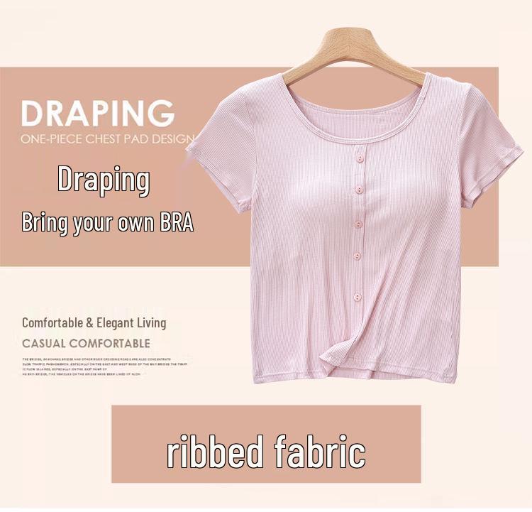 Modal Women's Short Sleeve Padded Top with Pajama-Style Back - Ribbed Base Layer for Inner or Outer Wear