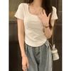 2026 Summer Women's Square Neck Contrast Stitching Short Sleeve Top - Slimming and Versatile