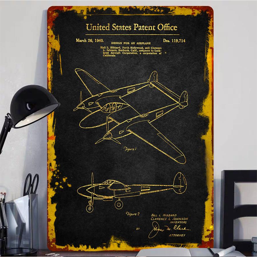 Vintage Aircraft Patent Drawing Metal Wall Art 1940 US Military Aviation Decor for Living Room Study Room