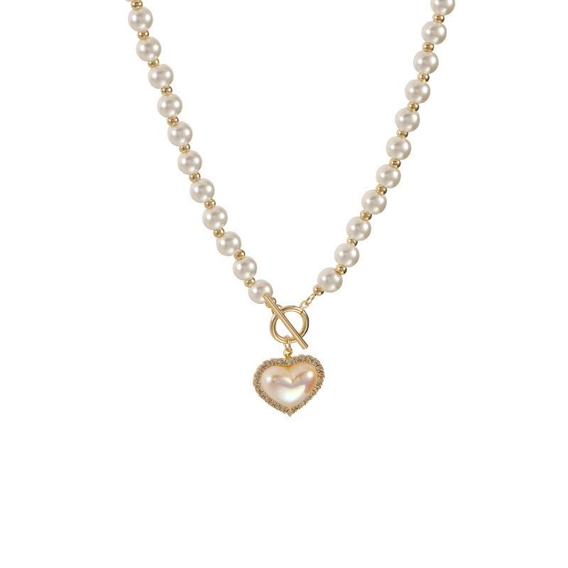 French Mermaid Pearl & Diamond Heart Pendant Necklace with T-Clasp for Women