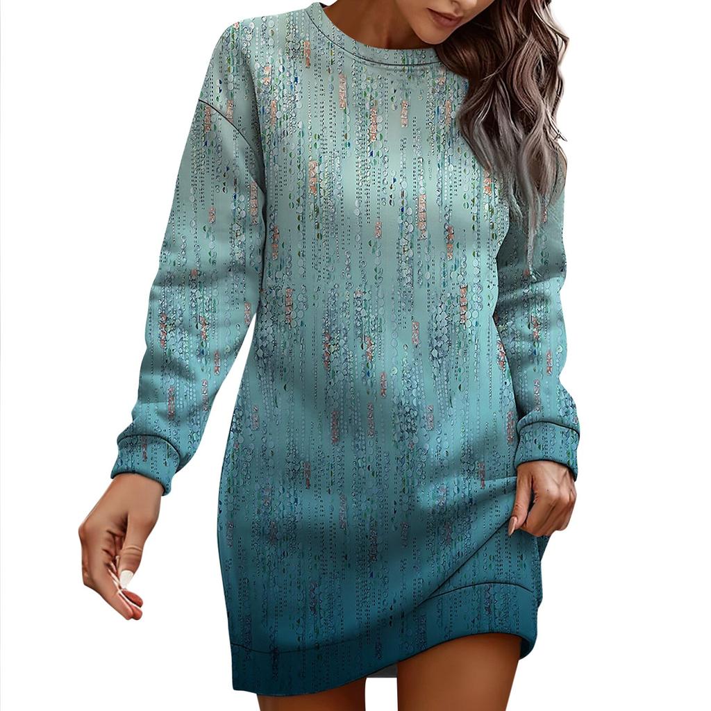 Long Sleeve Dress For Women Casual Printed Pullover Hip Pack Dress Sweater Dress