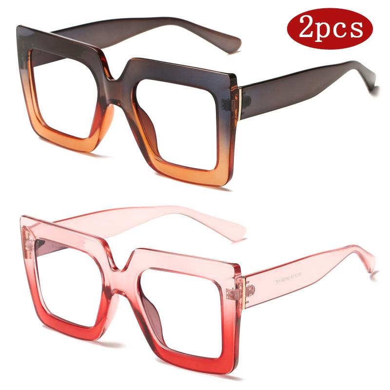 2pcs High Quality Women Classic Square Classic Large Frame Flat Glasses Fashion Men Colorful Design Sun Glasses Retro Glasses