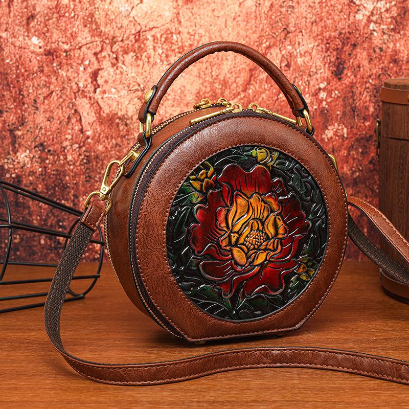 Ethnic Vintage Round Crossbody - Handmade Carved Flower Women's Shoulder Bag Minimalist Texture Commuter Large Capacity Tote Bag