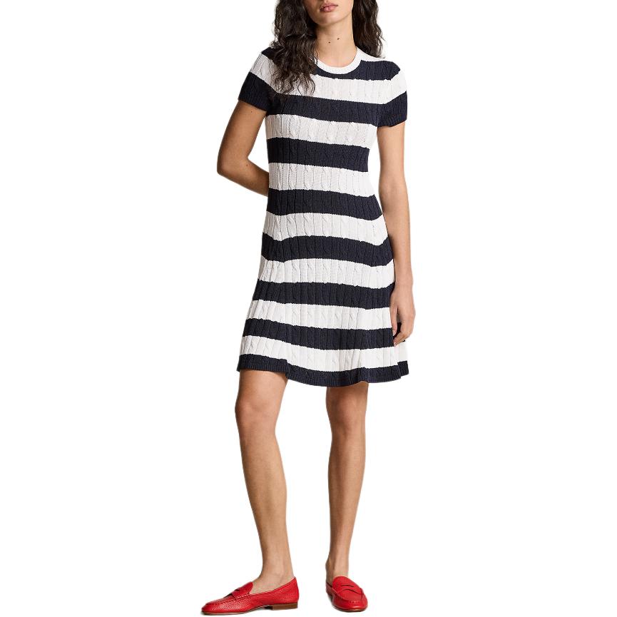 Polo Ralph Lauren SS24 Striped Round Neck Short Sleeve Dress Women Dresses Blue White WMPODRSNFA20686-410