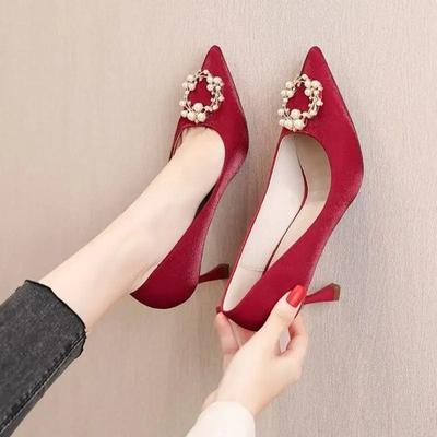 Wiosna i Jesień Nowe Buty Ślubne Druhna Panna Młoda Szpiczaste Perła Woda Diament Cienki Obcas Buty 35--40