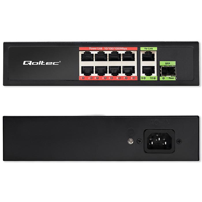 Qoltec Przełącznik sieciowy SWITCH FAST Ethernet PoE 8x RJ45 PoE 2x RJ45 Uplink 1x SFP | 120W | 1000 Mb