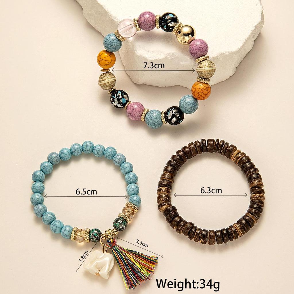 Bohemian Elephant Tassel Multi-Layer Wood Bead Bracelet
