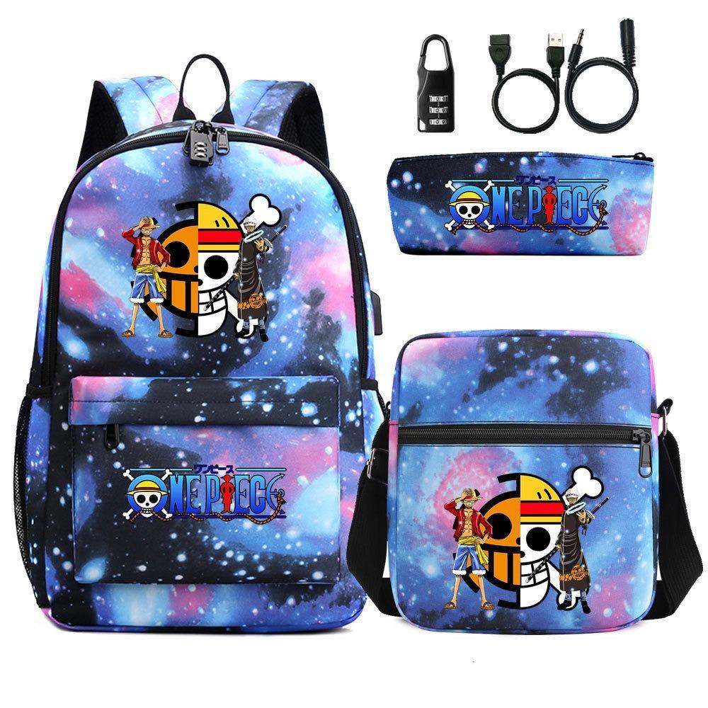 Riman Zaino con lucchetto USB ONE PIECE borsa a tracolla borsa da scuola per studenti astuccio set da tre pezzi uomo e donna
