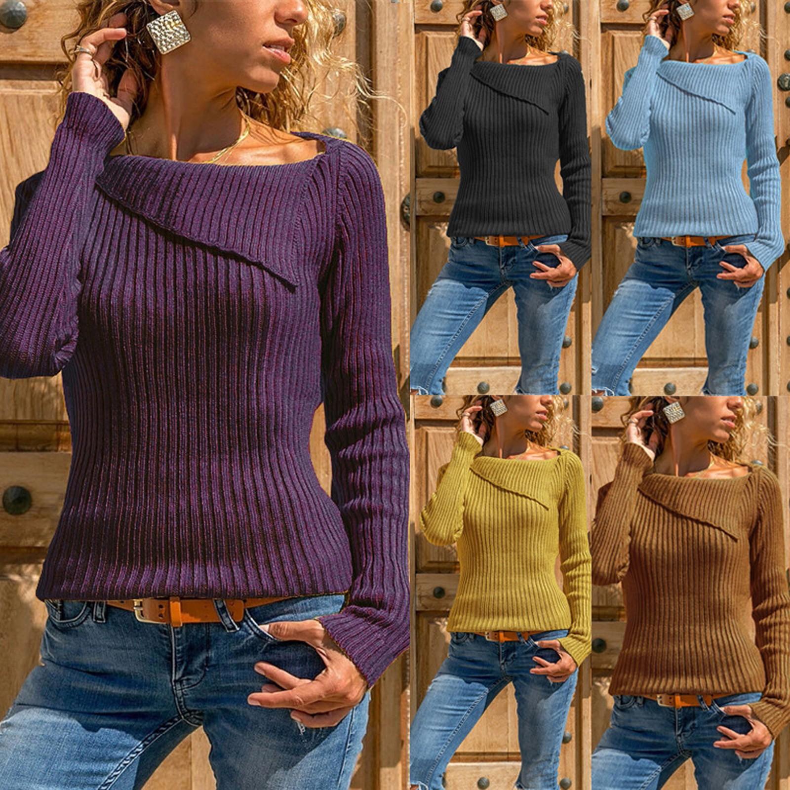 

Women Casual Solid Long Sleeve Turn Down Collar Knitting Pullover Tops Blouse