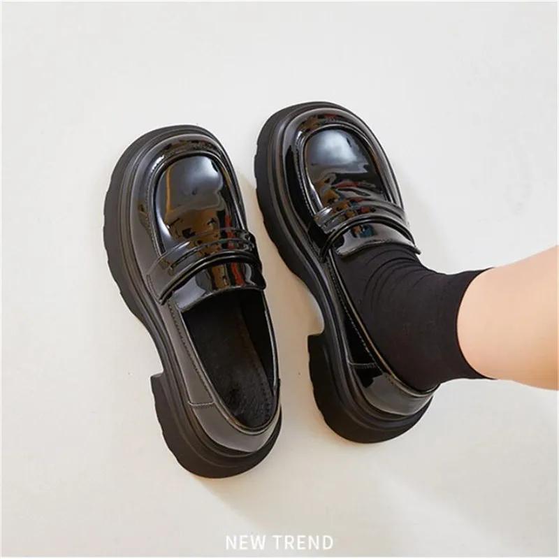 New Thick-soled College Style Casual Loafers Black Genuine Leather Fashion Pumps Girls Heels Shoes Female Women British Style