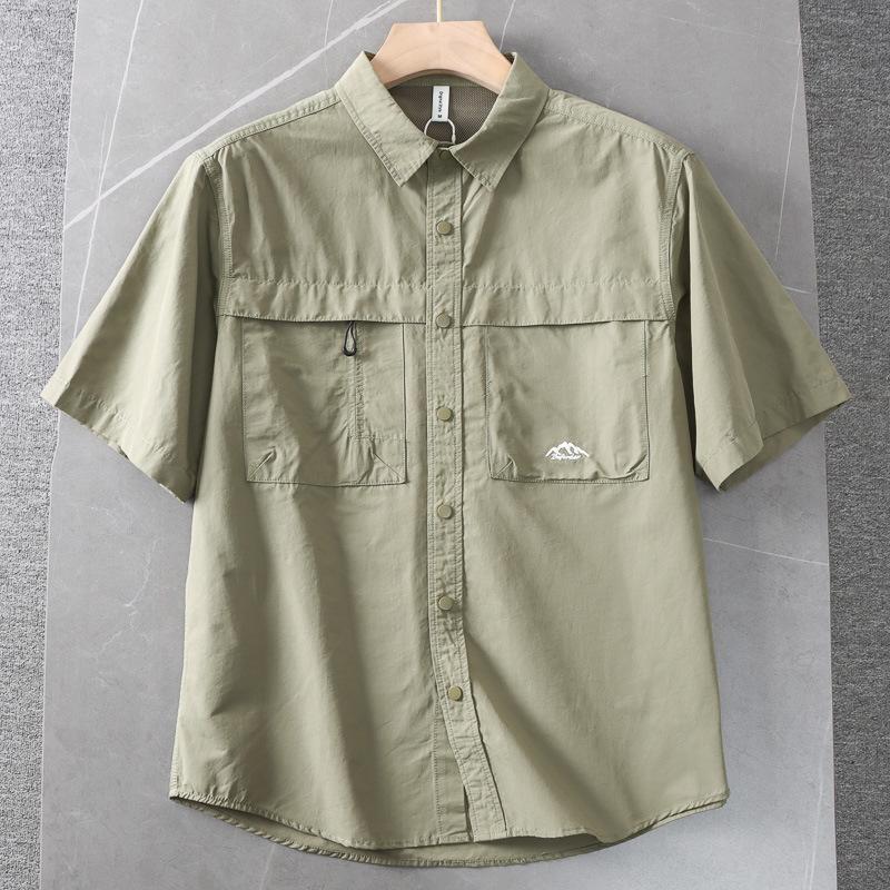 

Men s Mountain Logo Multi Pocket Short Sleeve Button Down Shirt Casual Outdoor Top S зелёный