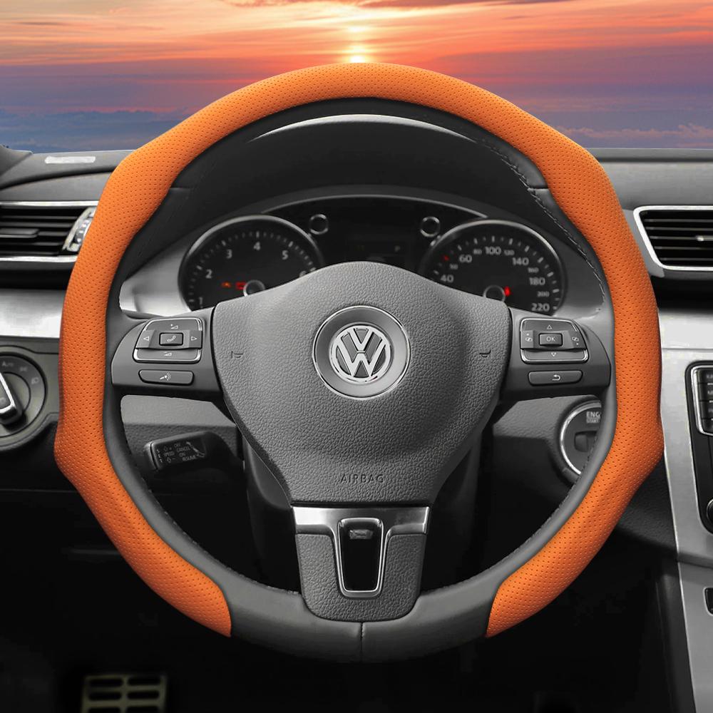 Suitable for Volkswagen Perforated Leather Steering Wheel Cover, Non-Slip Breathable Integrated Protective Case Golf Passat Polo Jetta