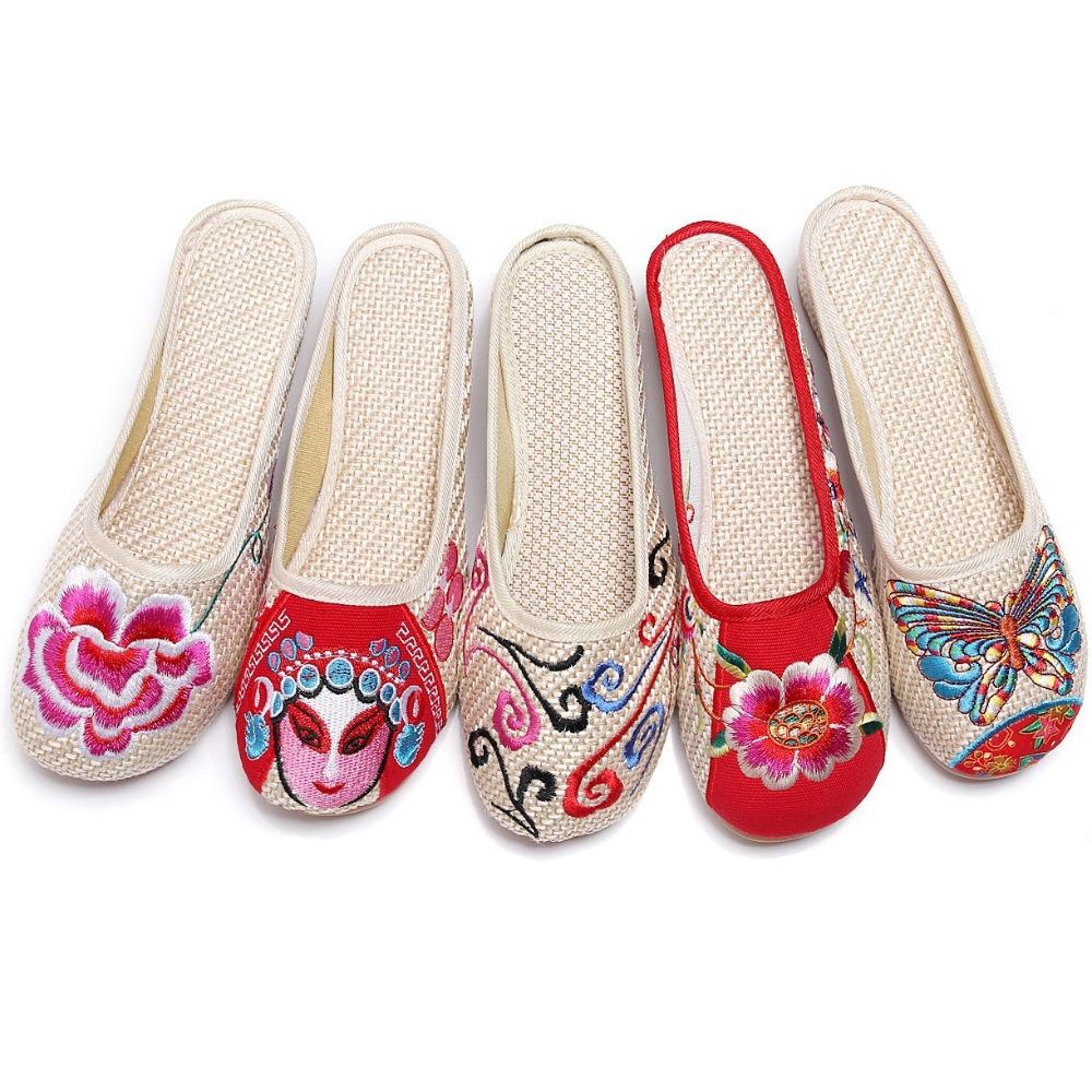 Mote Nye Kinesisk Stil Dame Broderte Tøfler Damer Retro Slides Kvinner Ryggløse Flate Sko Blomster