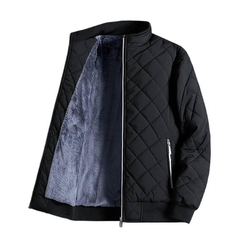 2024 Winter Men's Solid Color Quilted Stand Collar Cotton Jacket with Velvet Lining