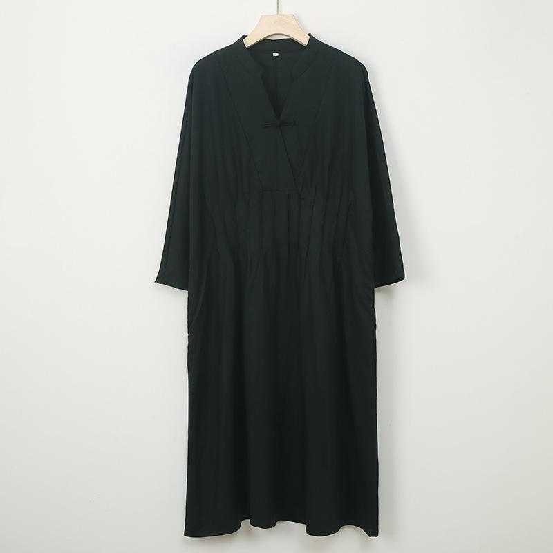 Johnature Women Vintage Dresses Stand Long Sleeve Spring Cloths Solid Color Fold Button A-Line Dresses