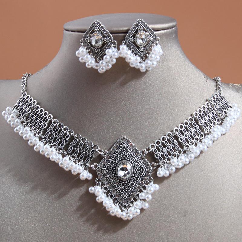 Necklace For Vintage Earrings Choker Women Geometric Crystal Jewelry Sets Simulated Pearl Beads Accessories