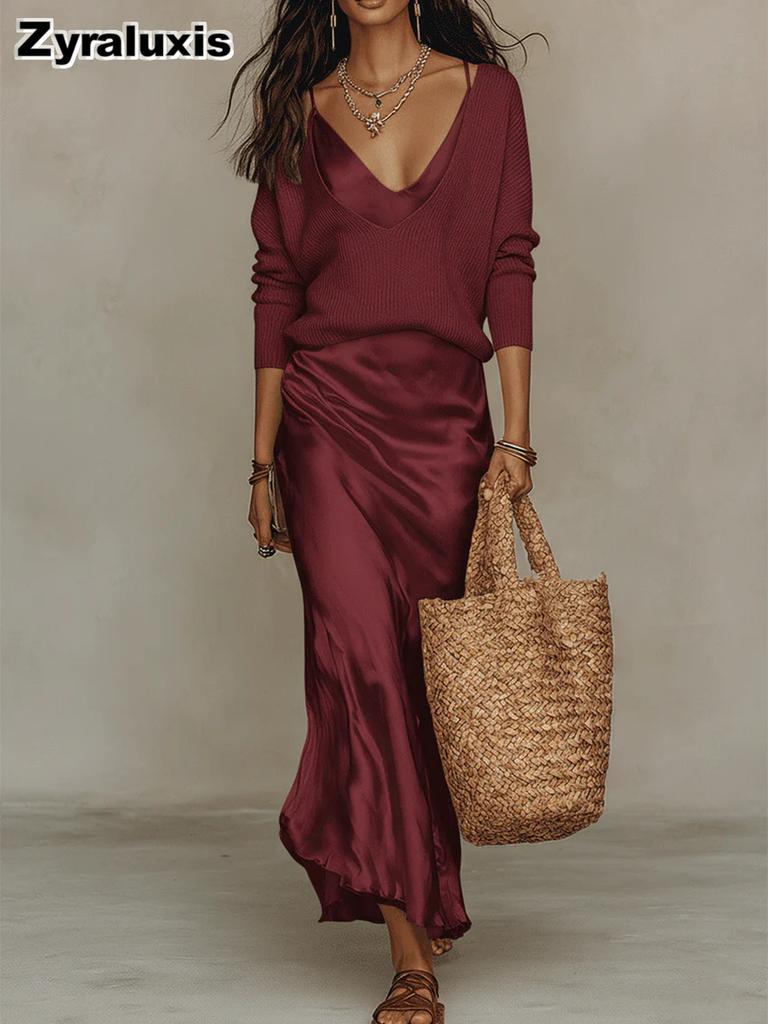 Fashion New Women's Top + Satin Dress Set for Office Wear