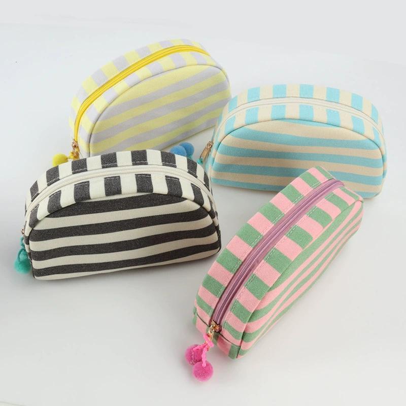 Personalized Embroidered Striped Pompon Cosmetic Bag Canvas Travel Toiletry Bag Shell Large-capacity Portable Outing