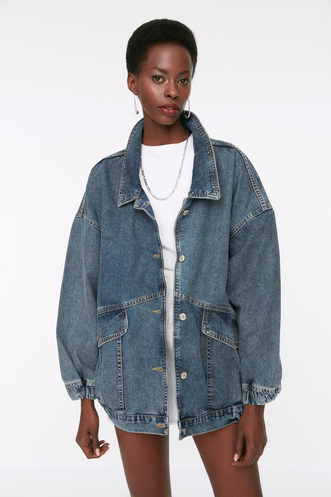Women's Fashion New Jacket Black Pocket Detailed Oversize Denim Jacket