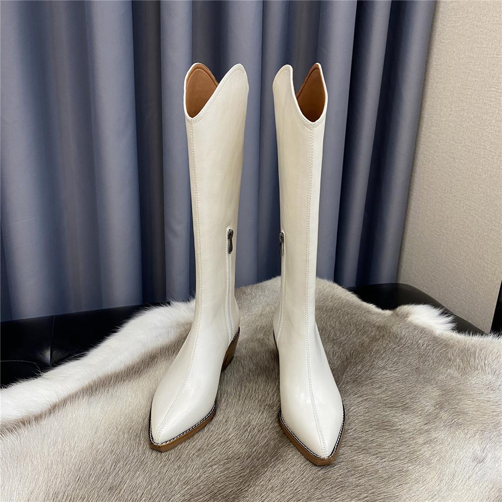 Cowhide Version~ Genuine Leather V-mouth Western Cowboy Boots Women's High-heeled Pointed Knight Boots Long Boots High Boots Zipper Long Boots