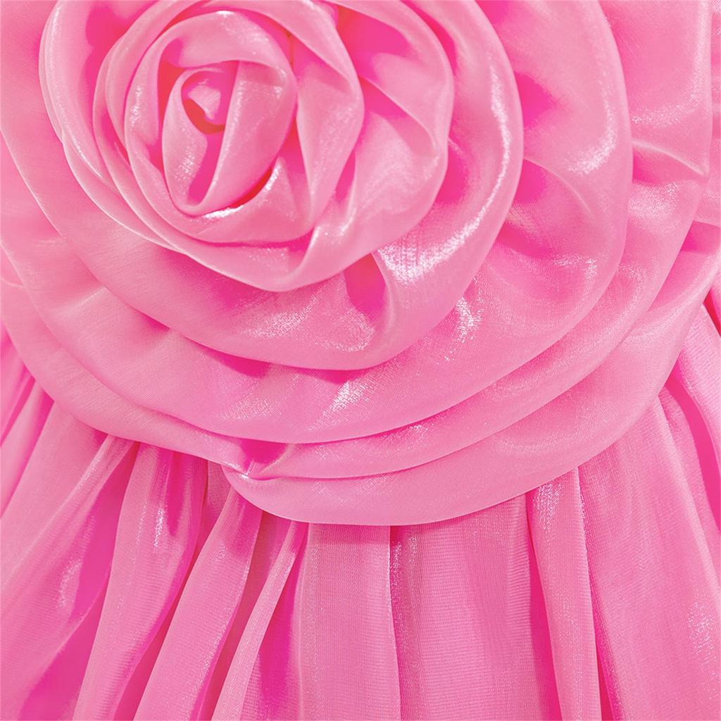 Toddler Princess Dress with 3D Rose Flowers and Shiny Satin Puff Sleeves