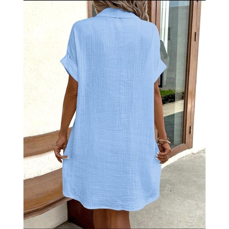 JKASHDK Women's Fashion Summer Spring Solid Color Print Short Sleeve POLO Neck Loose Waistlinet Casual Dresses