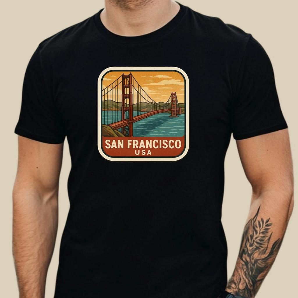 Herren T Shirt Golden Gate Bridge Retro USA San Francisco Reise Motiv XS bis 5XL