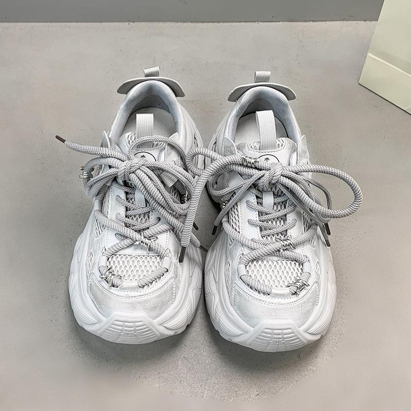 Women'S Breathable Single Mesh Leather Thick Bottom Dad Shoes Casual Sports Shoes Increased Height Lace-Up Autumn New Arrival