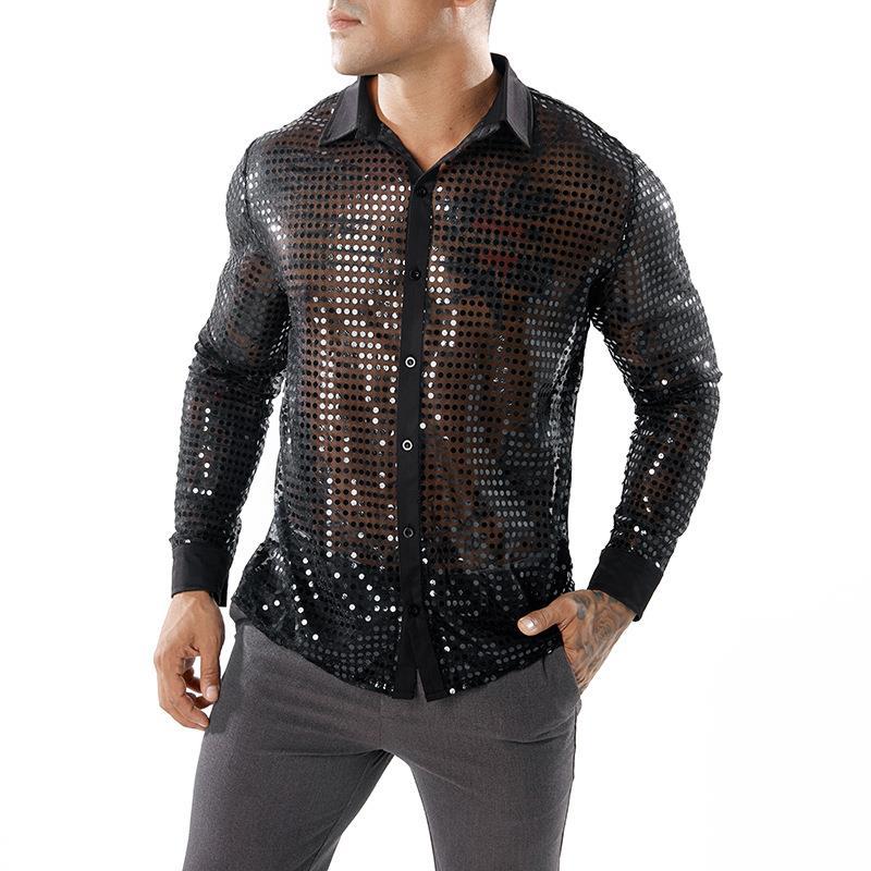 Mens Long Sleeve Performance Wear Scale Shirt Long Sleeve Collar 70s Disco Party Clothes