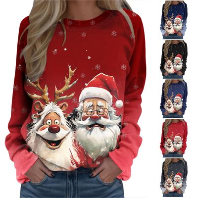 Kadınlar için kazak Vintage Noel Baskı Bluz Moda O-Boyun Uzun Kollu Kazak Gömlek Tops Bayan Rahat Gevşek Kazak