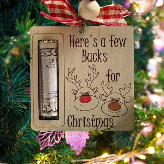 Handmade Wooden Money Holder Christmas Tree Reindeer Money Clip Wallet Ornament with Blessing Placing Money Dispenser for Christmas Tree Home