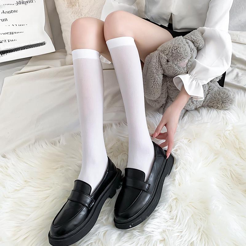 JK Women's Over-the-Knee Black & White Mid-Tube Stockings - Thin, High Calf Socks for Spring & Summer.