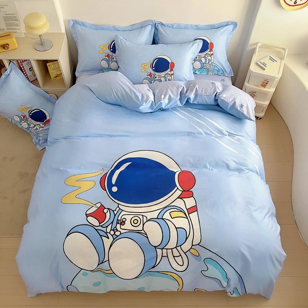 Cute Cartoon Astronaut Motif,Microfibre Bedding Sets, Children's Bed Decor Duvet Cover for Teenagers Adult  with Zip 3-Piece