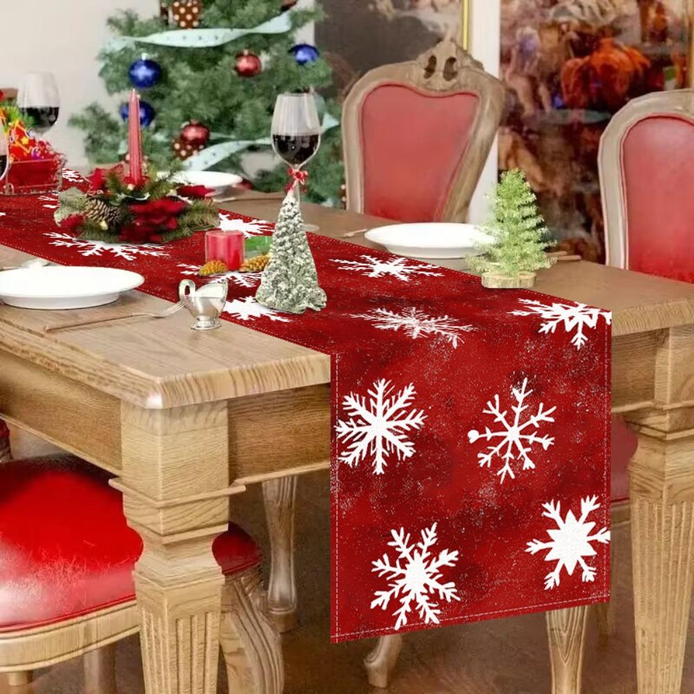 Festive Red Snowflake Table Runner Christmas Decoration Linen Fabric for Coffee Table Dining Room