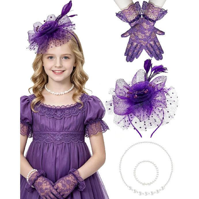 Girls Tea Party Fascinators Hats Lace Gloves Pearl Necklace Set for Wedding 1920s Tea Party Accessories