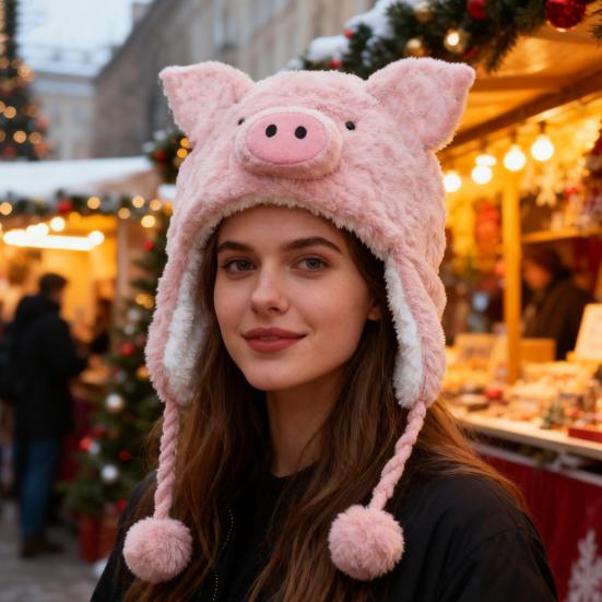 Winter Hat Cartoon Pig Shape Soft Plush Thermal Insulation Hat Autumn Winter Thickened Warm Ear Protection Hat Headwear
