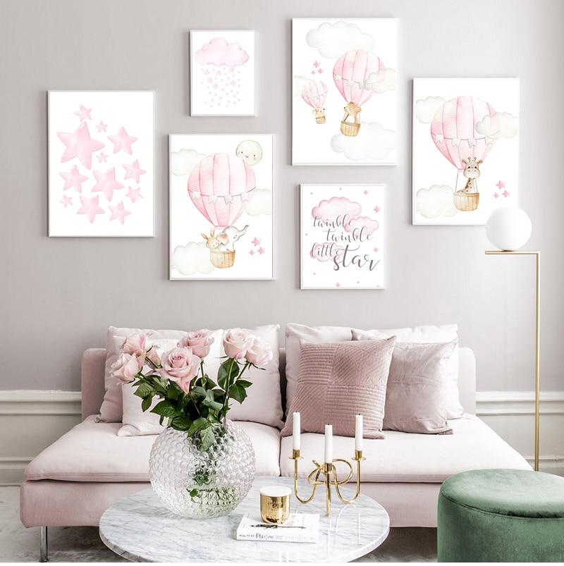 Baby Nursery Girl Wall Art Canvas Poster Pink Balloon Animal Travel