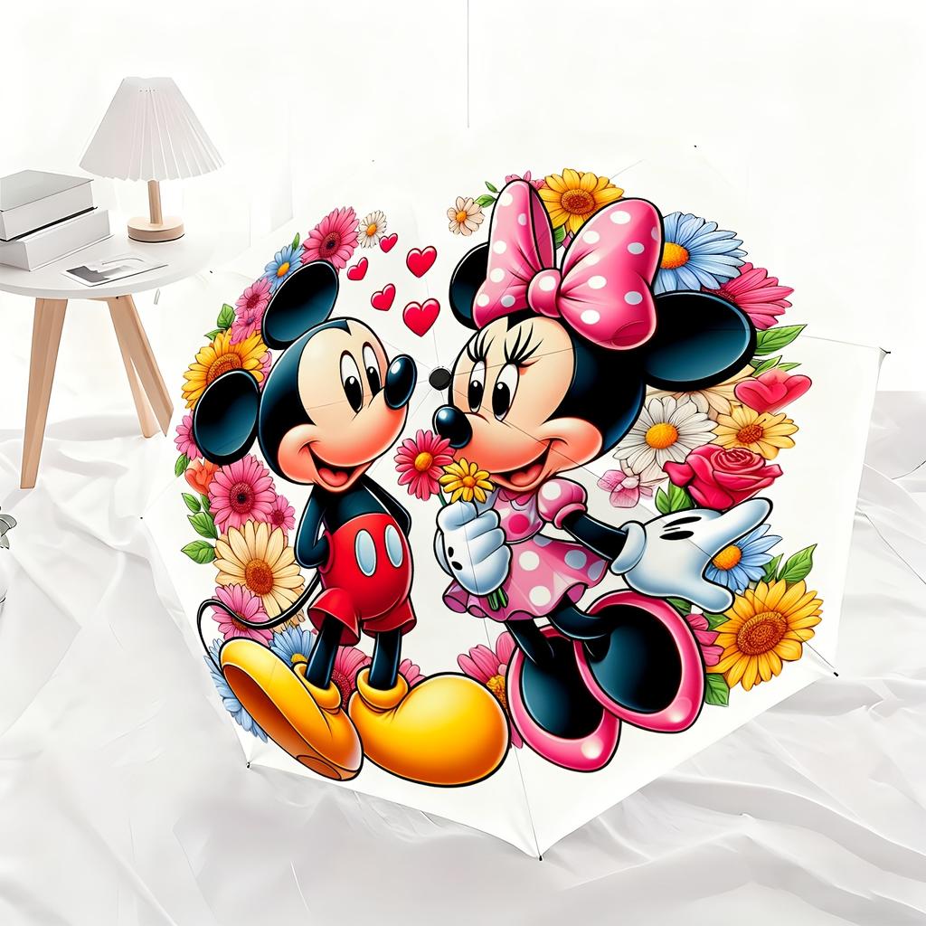 1pc Disney Mickey & Minnie Mouse Cartoon Pattern Automatic Umbrella, All-Occasion Dual-Use Umbrella for Sun and Rain, Portable